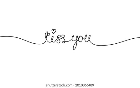 Calligraphic inscription of word "kiss you" as continuous line drawing on white  background. Vector