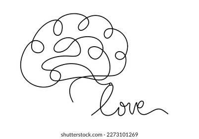 Calligraphic inscription of word "love" and brain as continuous line drawing on white background. Vector