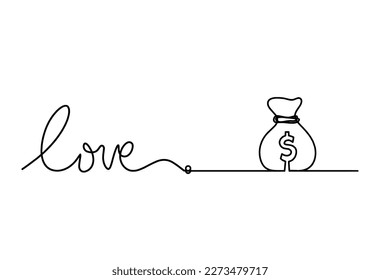 Calligraphic inscription of word "love" and dollar as continuous line drawing on white  background. Vector