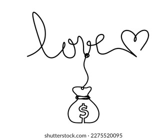 Calligraphic inscription of word "love" and dollar as continuous line drawing on white  background. Vector