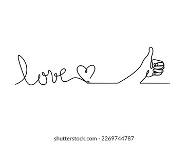 Calligraphic inscription of word "love" and hand as continuous line drawing on white background. Vector