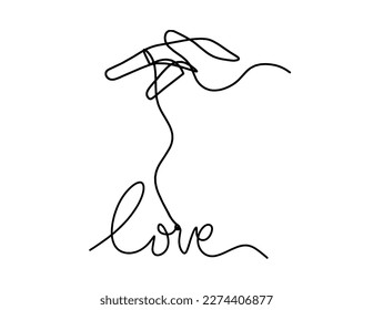 Calligraphic inscription of word "love" and hand as continuous line drawing on white background. Vector