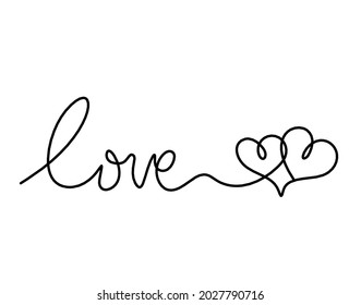 Calligraphic inscription of word "love" with hearts as continuous line drawing on white  background. Vector