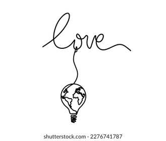 Calligraphic inscription of word "love" and light bulb as continuous line drawing on white background. Vector