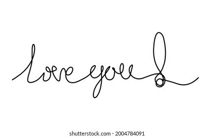 Calligraphic inscription of word "love me" with exclamation mark as continuous line drawing on white  background