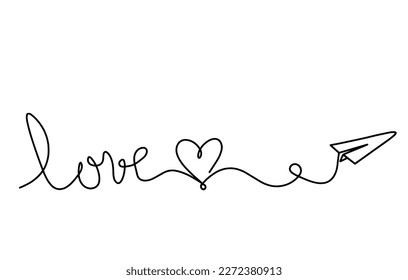 Calligraphic inscription of word "love" and paper plane as continuous line drawing on white background. Vector
