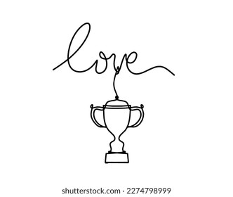 Calligraphic inscription of word "love" and trophy as continuous line drawing on white background. Vector