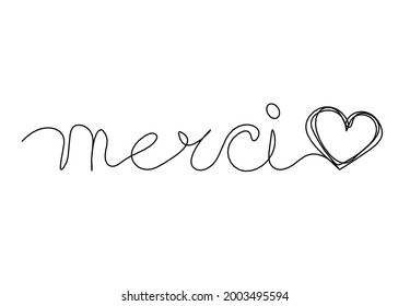 Calligraphic inscription of word "merci" with hearts as continuous line drawing on white  background. Vector