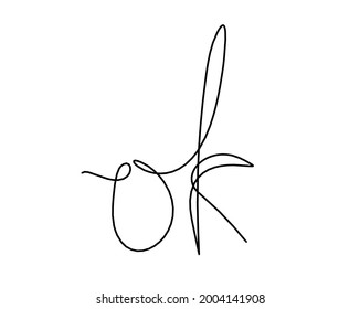 Calligraphic inscription of word "ok" as continuous line drawing on white  background.Vector