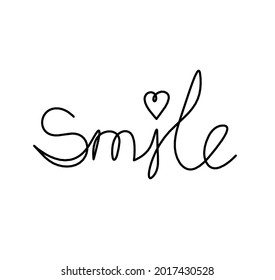 Calligraphic inscription of word "smile" as continuous line drawing on white  background. Vector