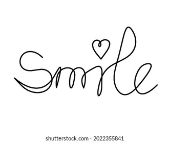 Calligraphic inscription of word "smile" as continuous line drawing on white  background. Vector