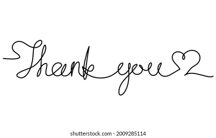 Calligraphic inscription of word "thank you" with hearts as continuous line drawing on white  background. Vector