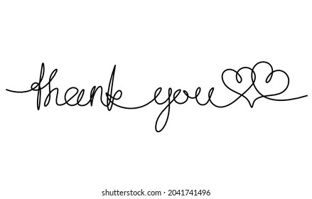 Calligraphic inscription of word "thank you" with hearts as continuous line drawing on white  background. Vector