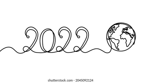 Calligraphic inscription of year "2022" with globe as continuous line drawing on white background. Vector