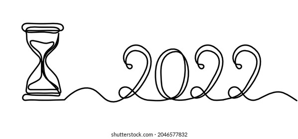 Calligraphic inscription of year "2022" with hourglass as continuous line drawing on white background. Vector