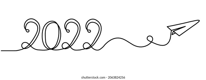 Calligraphic inscription of year "2022" with paper plane as continuous line drawing on white background. Vector