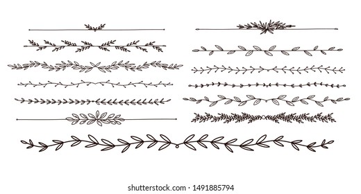 Calligraphic leaf long text dividers vector set. Hand-drawn designs to create elegant  modern wedding invitations, place cards, guest book.   
