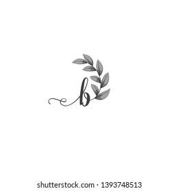 Calligraphic letter B with leaf.Hand drawn uppercase letter with natural element.Vector icon.Initial logo isolated on light background.