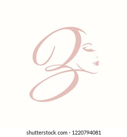Calligraphic letter B logo with beautiful woman portrait.Beauty, hair, makeup and cosmetics vector icon in rose color isolated on light background.