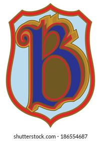Calligraphic letter B with scrolls on a colored shield background