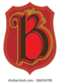 Calligraphic letter B with scrolls on a colored shield background