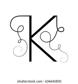 Calligraphic letter K with flourishes of decorative whorls. Capital design letter with swirl elements for your artwork