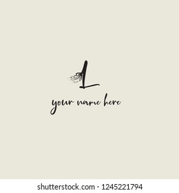 Calligraphic letter L logo with oack leaf.Typography vector icon with nature element.