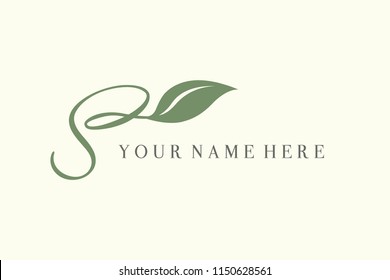 Calligraphic letter s with leaf.Hand drawn uppercase letter S with natural element.Vector icon.Initial logo isolated on light background.