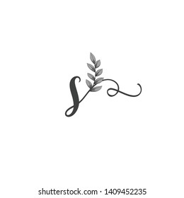 Calligraphic letter S with leaf.Hand drawn lowercase letter with natural element.Vector icon.Initial logo isolated on light background. 