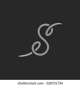 Calligraphic letter S logo monogram, black and white mockup design element for wedding invitation or business card