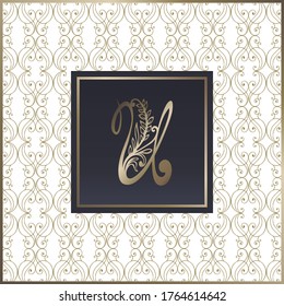 Calligraphic letter U in a gold frame on a blue and white background. Elegant luxurious design suitable for labels, badges, frames, logos, packaging, perfumes, lotions, soaps, sweets, chocolate.