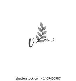 Calligraphic letter V with leaf.Hand drawn lowercase letter with natural element.Vector icon.Initial logo isolated on light background. 