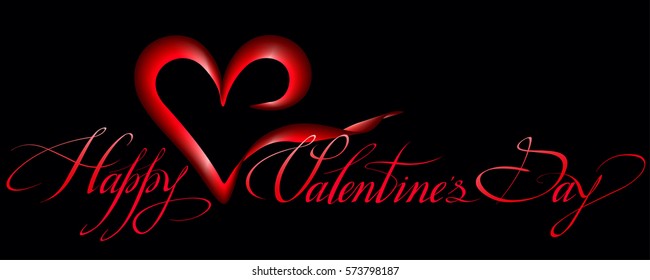 The calligraphic lettering "Happy Valentine's Day" with red heart made in vector graphics on black background