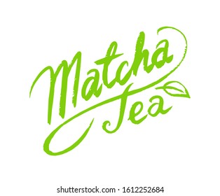 Calligraphic lettering Matcha green tea for Japanese ceremony. Healthy coconut milk latte. Engraved hand drawn Vintage sketch for poster.