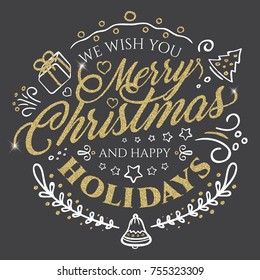 Calligraphic lettering for Merry Christmas and Happy New Year with golden glitter effect on dark background. Vector illustration decorated with design elements. Perfect to use for greeting Cards