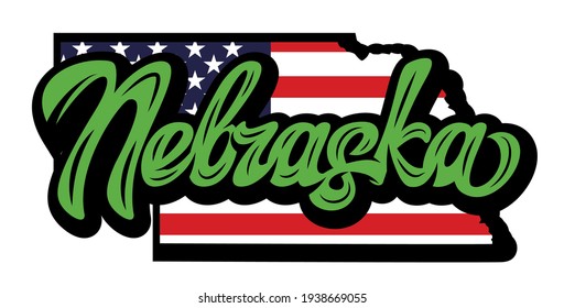 Calligraphic lettering Nebraska on the background of its state form.