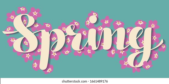 Calligraphic lettering Spring with pink tiny flowers.