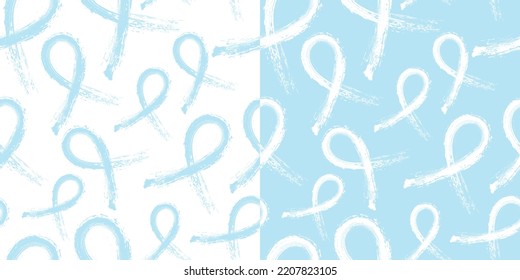 Calligraphic Light Blue Awareness Ribbon Seamless and repeatable pattern on white and light blue backgrounds. Editable and scalable Vector Illustration.