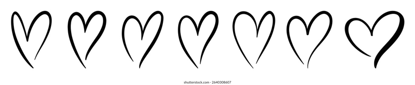 Calligraphic love heart. Set of hand drawn heart icons. Perfect for love, romance, Valentine’s Day, weddings, and romantic designs. Icons, vector,love.