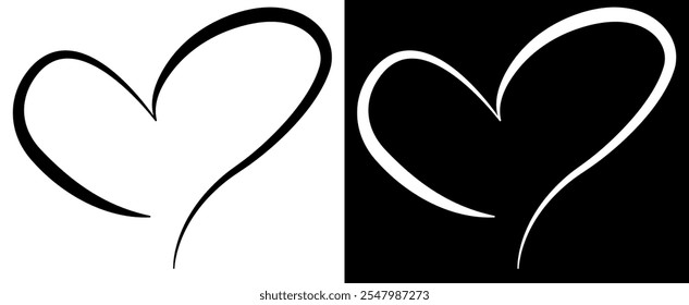 Calligraphic love heart sign. Vector illustration isolated on black and white background.