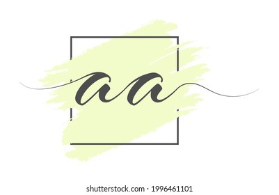 Calligraphic lowercase letters AA on a colored background in a frame. Simple Style