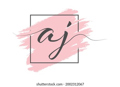 Calligraphic lowercase letters AJ on a colored background in a frame. Simple Style