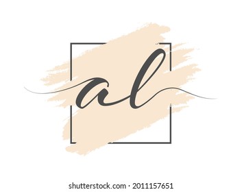 Calligraphic lowercase letters AL on a colored background in a frame. Simple Style