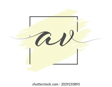 Calligraphic lowercase letters AV on a colored background in a frame. Simple Style