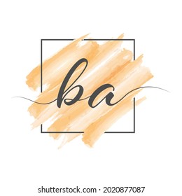 Calligraphic lowercase letters BA in a single line on a colored background in a frame. Vector illustration isolated on a white background. Creative design.