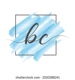 Calligraphic lowercase letters BC in a single line on a colored background in a frame. Vector illustration isolated on a white background. Creative design.