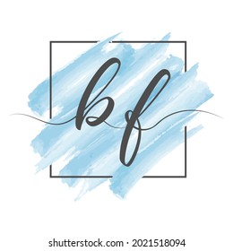 Calligraphic lowercase letters BF in a single line on a colored background in a frame. Vector illustration isolated on a white background. Creative design.
