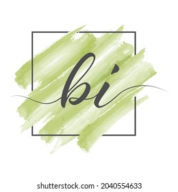 Calligraphic lowercase letters BI in a single line on a colored background in a frame. Vector illustration isolated on a white background. Creative design.