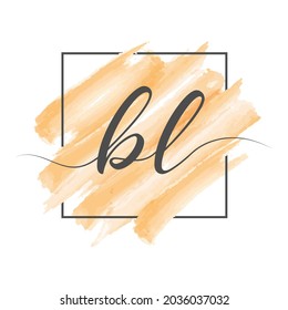 Calligraphic lowercase letters BL in a single line on a colored background in a frame. Vector illustration isolated on a white background. Creative design.
