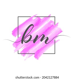 Calligraphic lowercase letters BM in a single line on a colored background in a frame. Vector illustration isolated on a white background. Creative design.